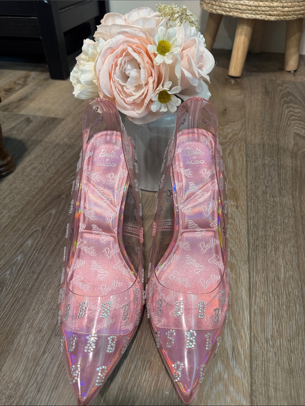 Barbie Pink Transparent Pointed-Toe High Heels with Logo Print